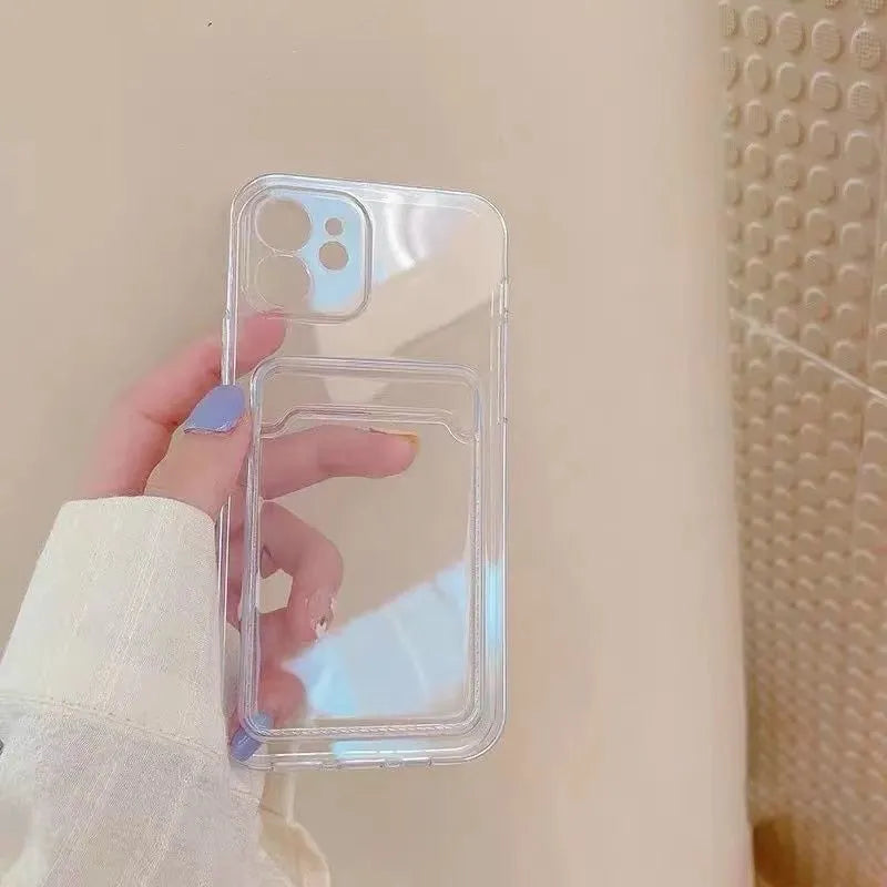 Clear transparent PVC phone case for iPhone with card slots on the back.