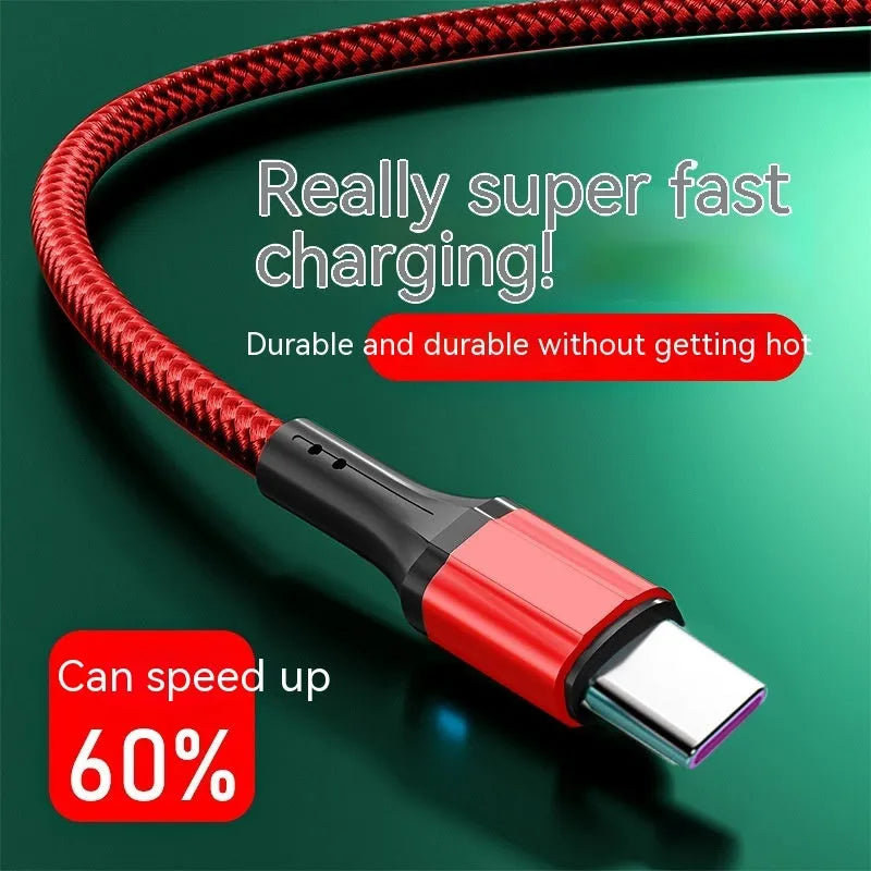 Woven nylon USB-C fast charging cable in red, black, or green colours showing braided texture