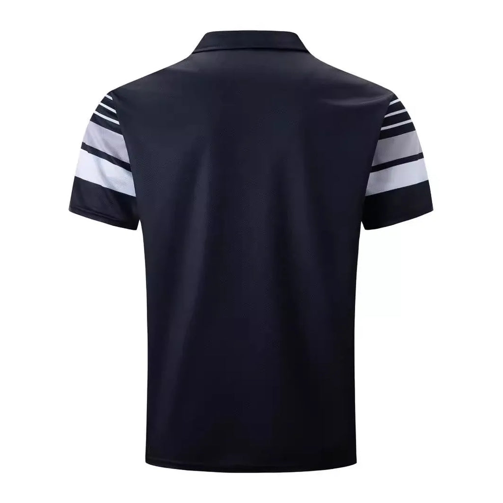Men's black striped short sleeve t-shirt, loose fit, polyester, business casual top, sizes S-XXXL