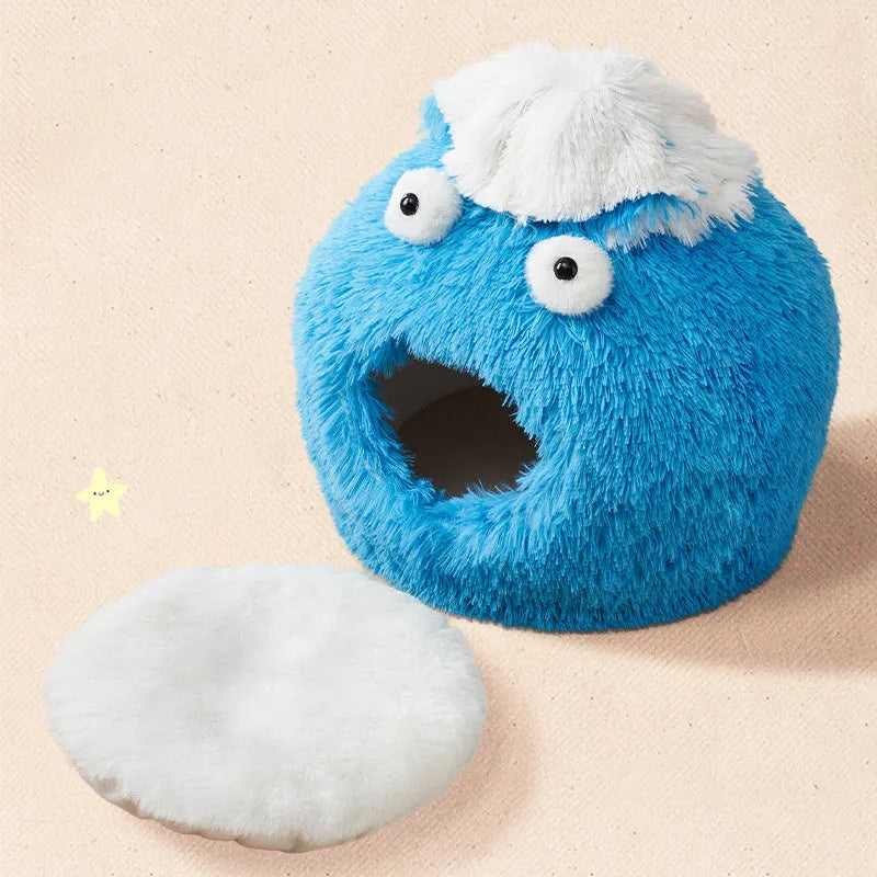 Blue closed cat bed nest made of soft plush fabric, 40x40x35cm, with small entrance for indoor cats