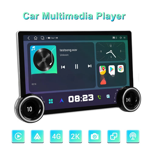 11.8-inch Android car stereo with dual control knobs on a QLED touchscreen display