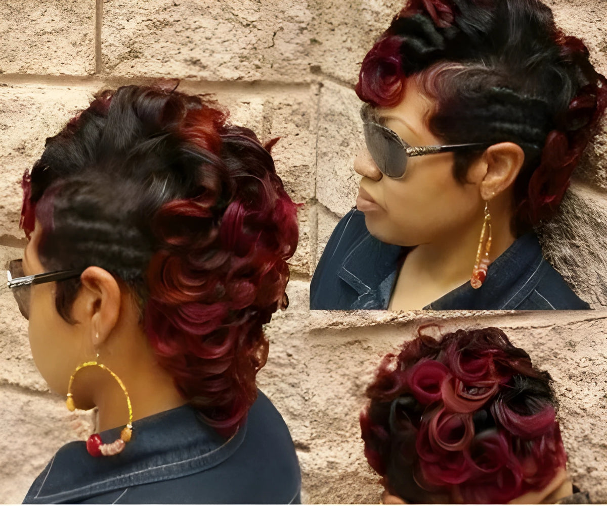 European American women short hair wig wine red with black highlights high temperature silk
