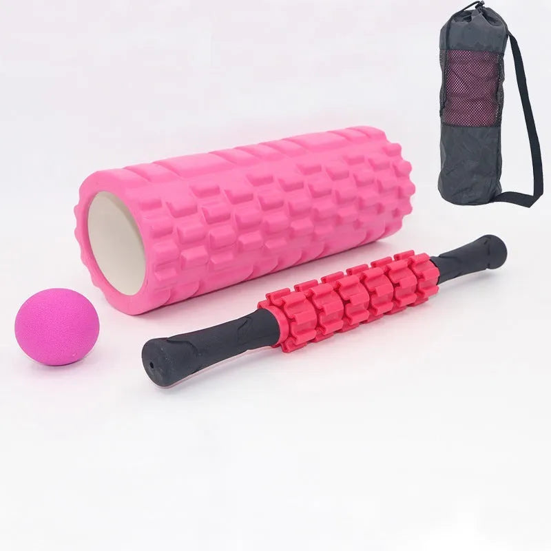 Black handheld foam massage roller stick with six gear pieces, 33cm long