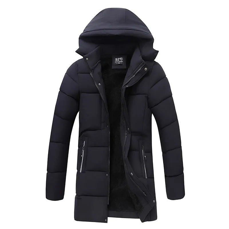 Men's thick mid-length hooded cotton jacket in corduroy fabric, wool-blend, side view with drawstring waist