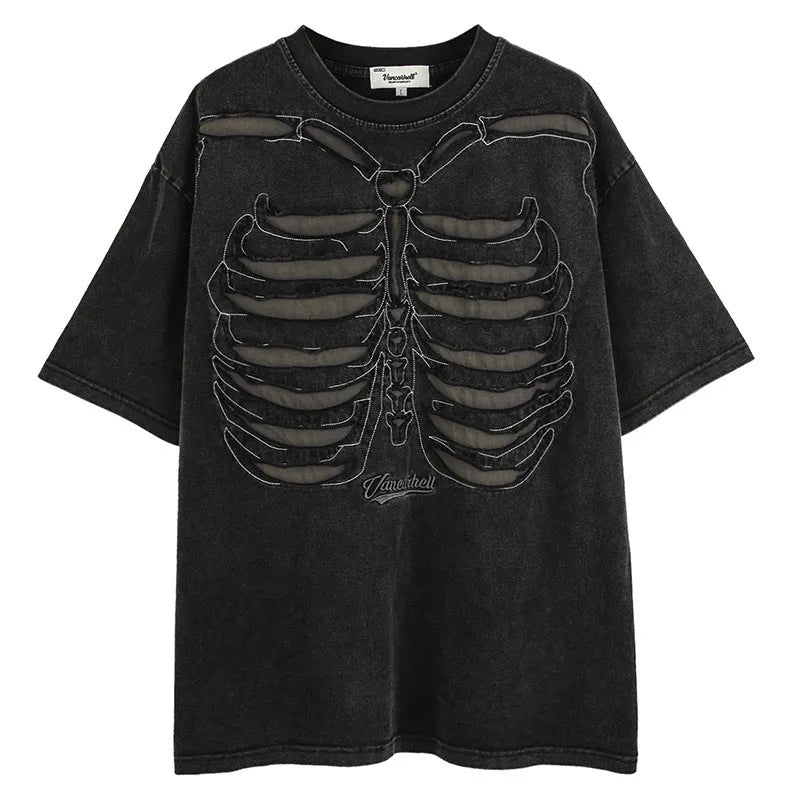 Skull pattern short sleeve cotton T-shirt in dark street style with drop shoulders
