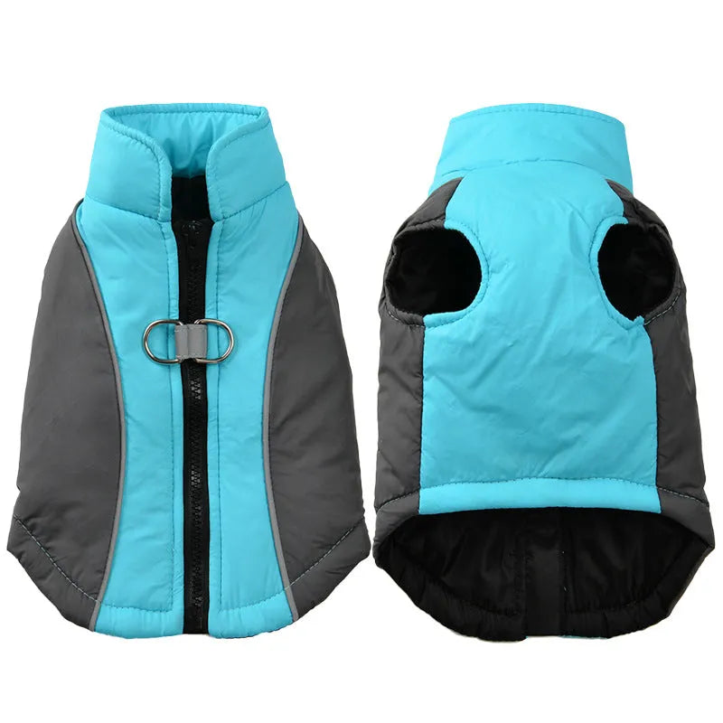 Reflective polyester pet coat in contrast colours, sizes XS to 2XL, for autumn and winter walks.