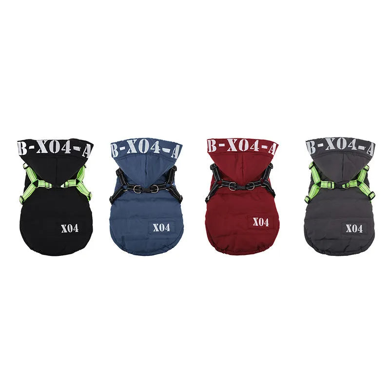 Red waterproof fleece-lined dog winter jacket with hood on small dog