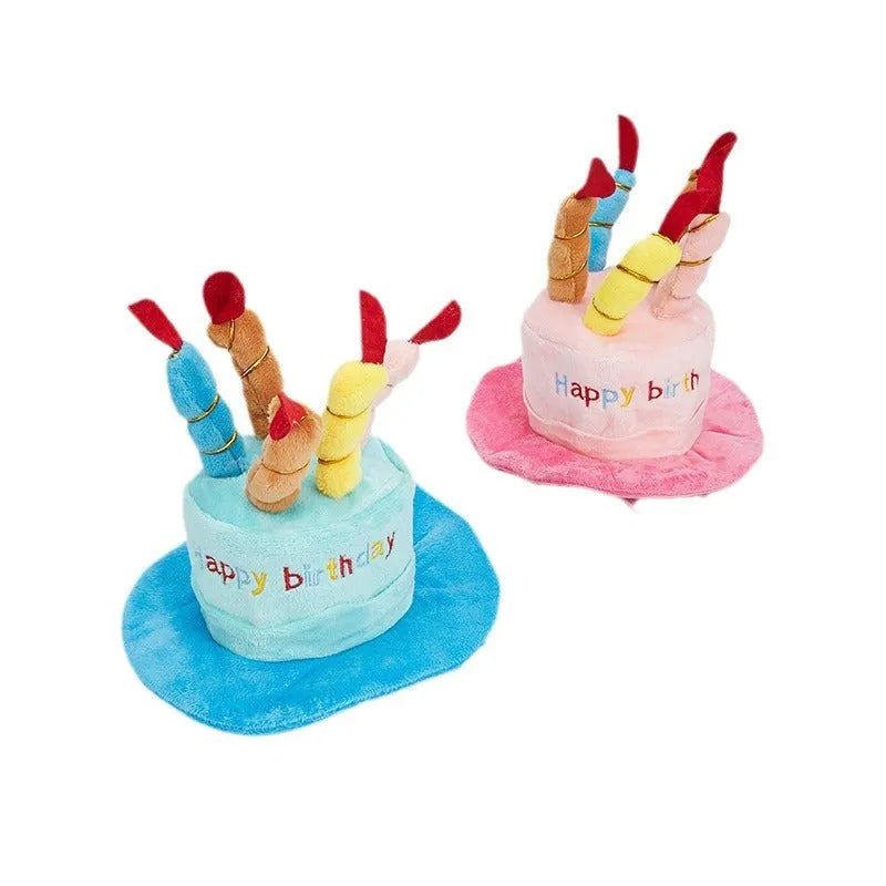 Blue and pink birthday hat for dogs on a white background.