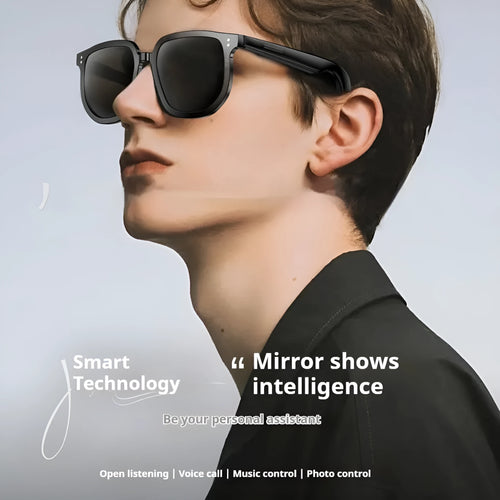 Black PC frame smart glasses with Bluetooth audio call functionality and anti-blue light lenses