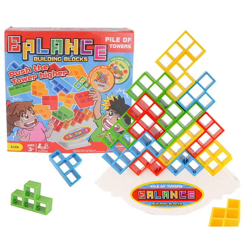 Plastic balance stacking tower game with coloured blocks on a base for kids and adults