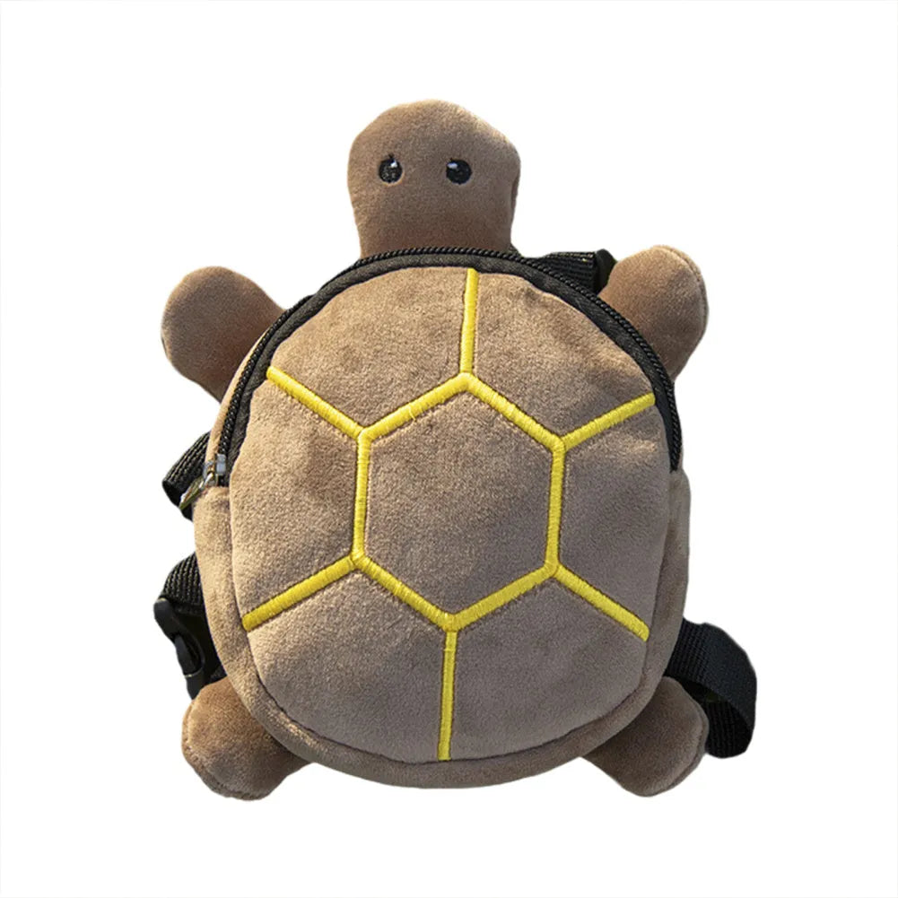 Cartoon turtle shape dog backpack harness in velvet material with metal zipper, measuring 20 x 18cm