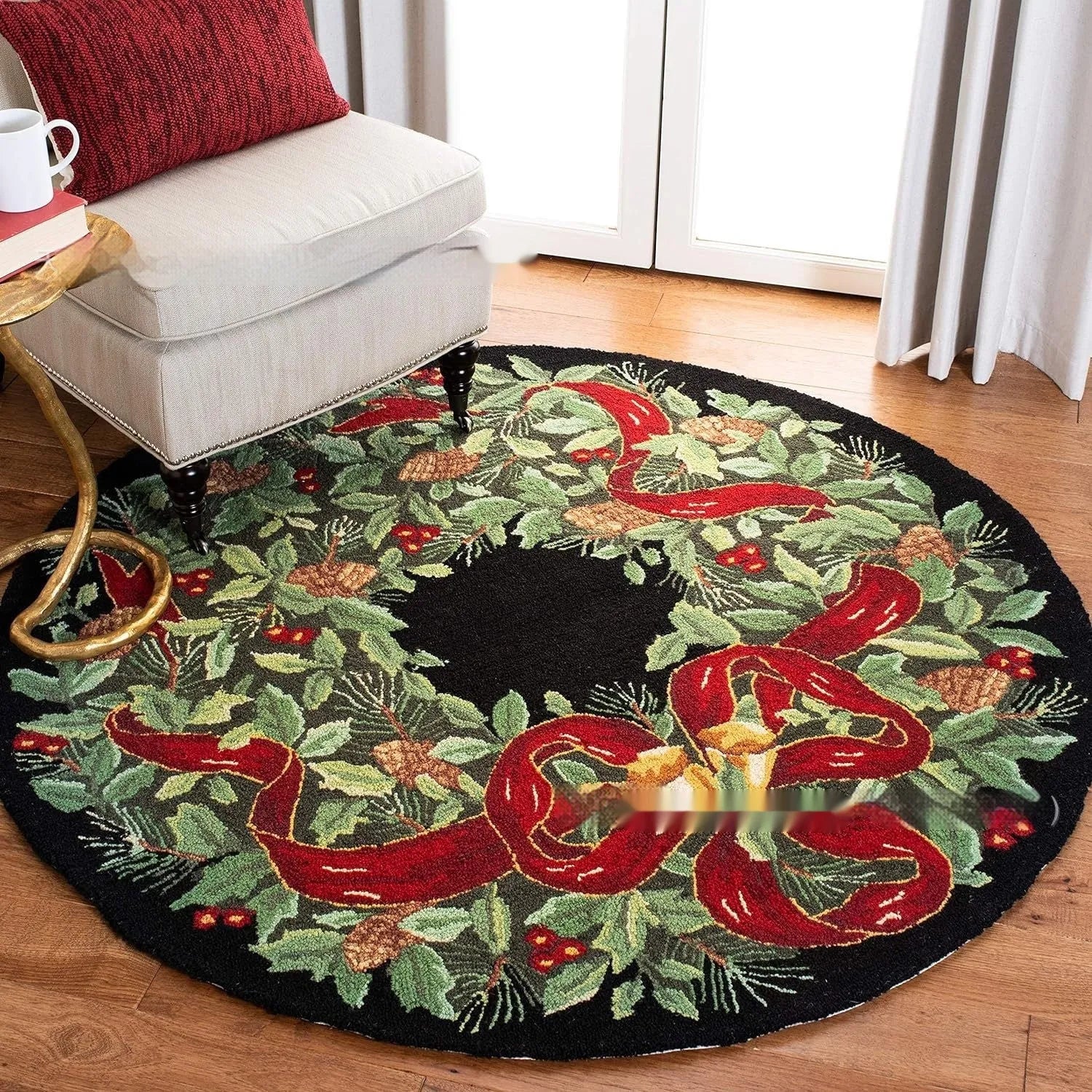 Christmas round carpet with festive printed design on soft polyester fibre, square size option shown.