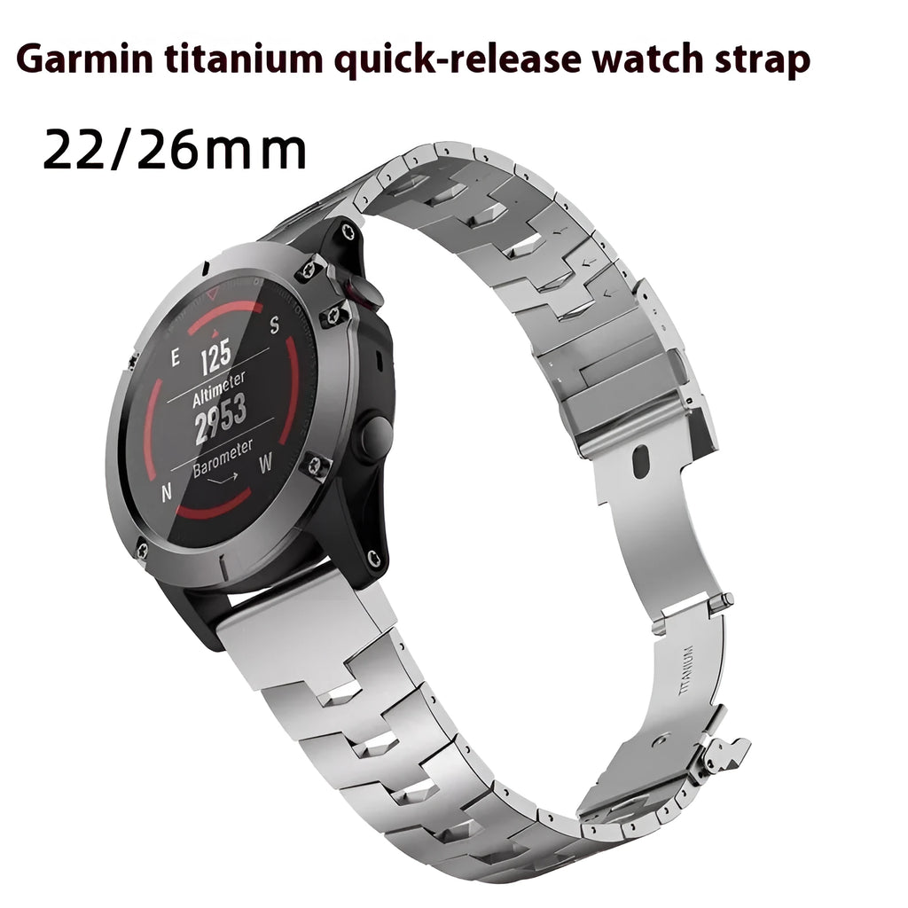 Garmin Jiaming Fenix watch strap in silver, black and titanium colours showing 22mm and 26mm width options