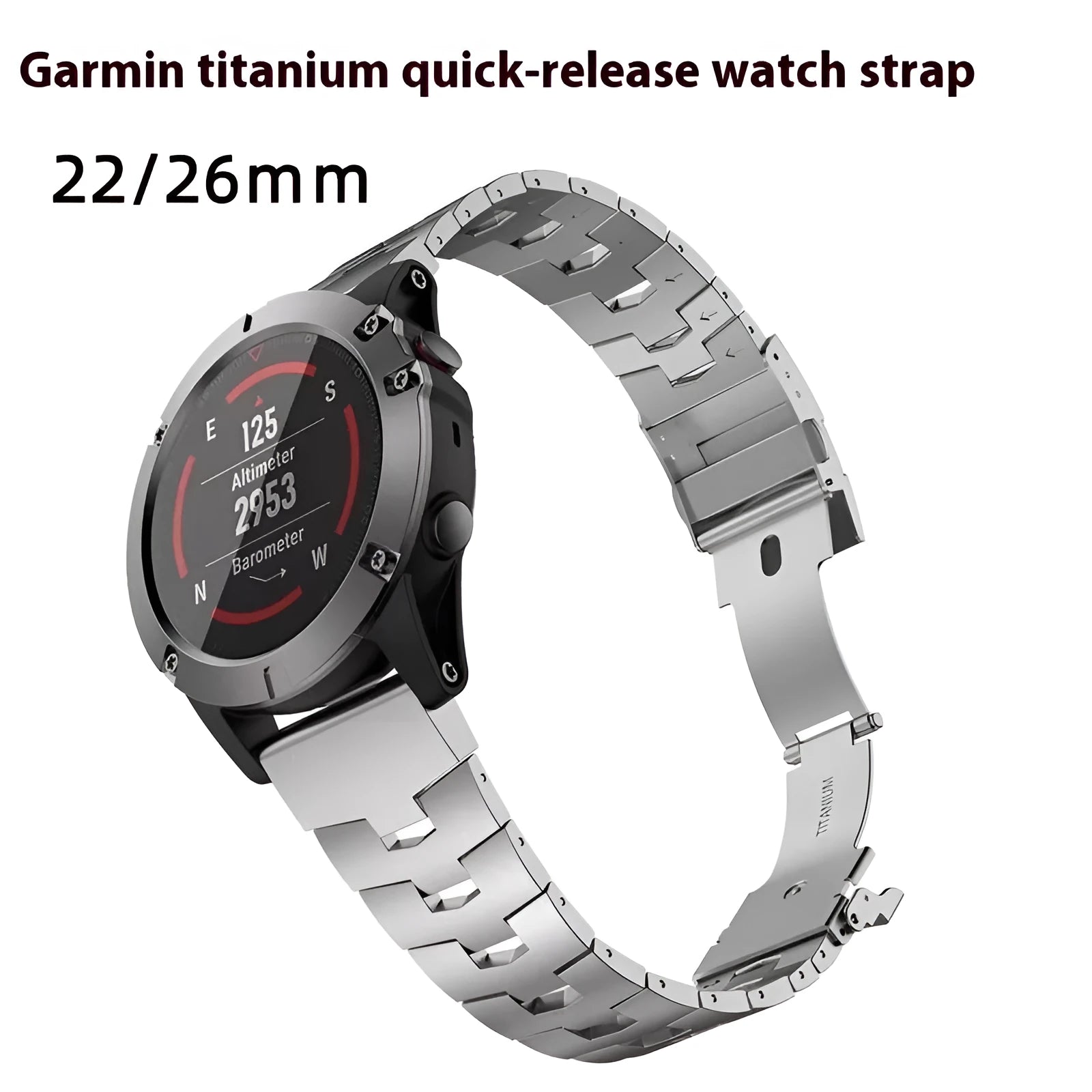 Garmin Jiaming Fenix watch strap in silver, black and titanium colours showing 22mm and 26mm width options