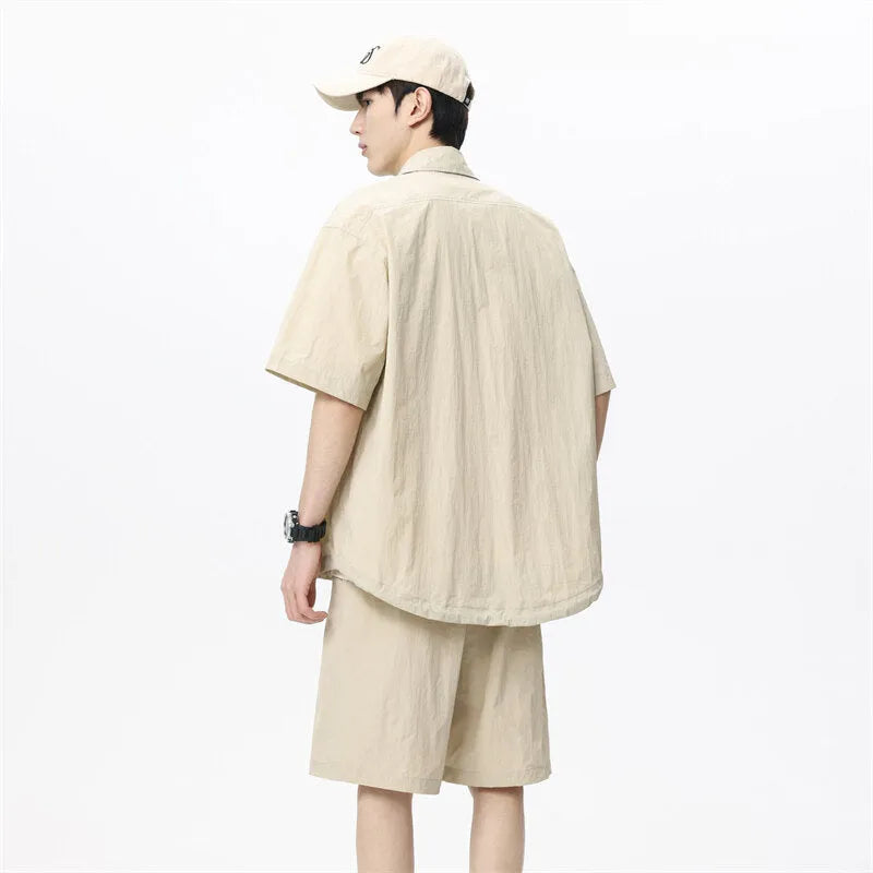 Men's loose-fitting casual shirt and shorts two-piece set in a hemp blend fabric