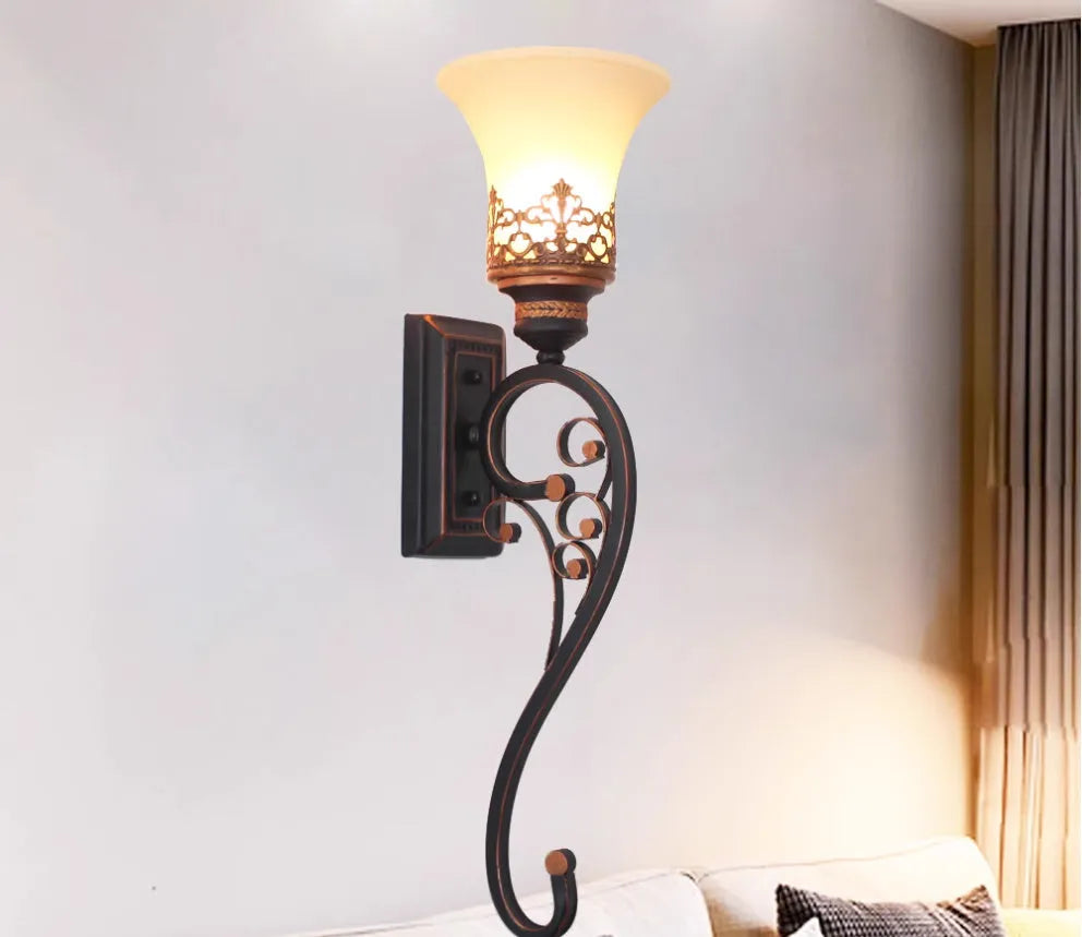 American wrought iron single head wall lamp with glass shade in matte black