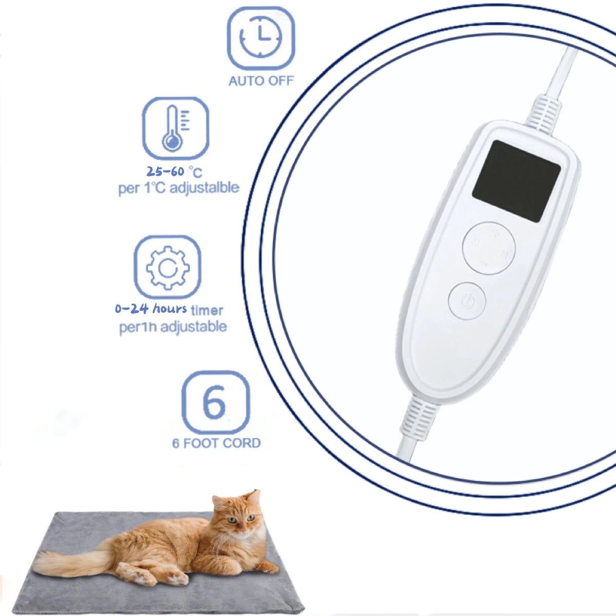 Grey 30x40cm pet electric blanket made of cloth, with US plug, for cats and small dogs in cages or beds.