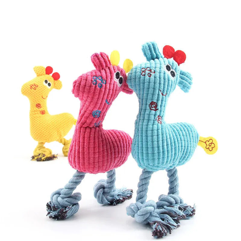 Deer shaped blue plush dog toy with corn grain textured fabric and squeaker sound