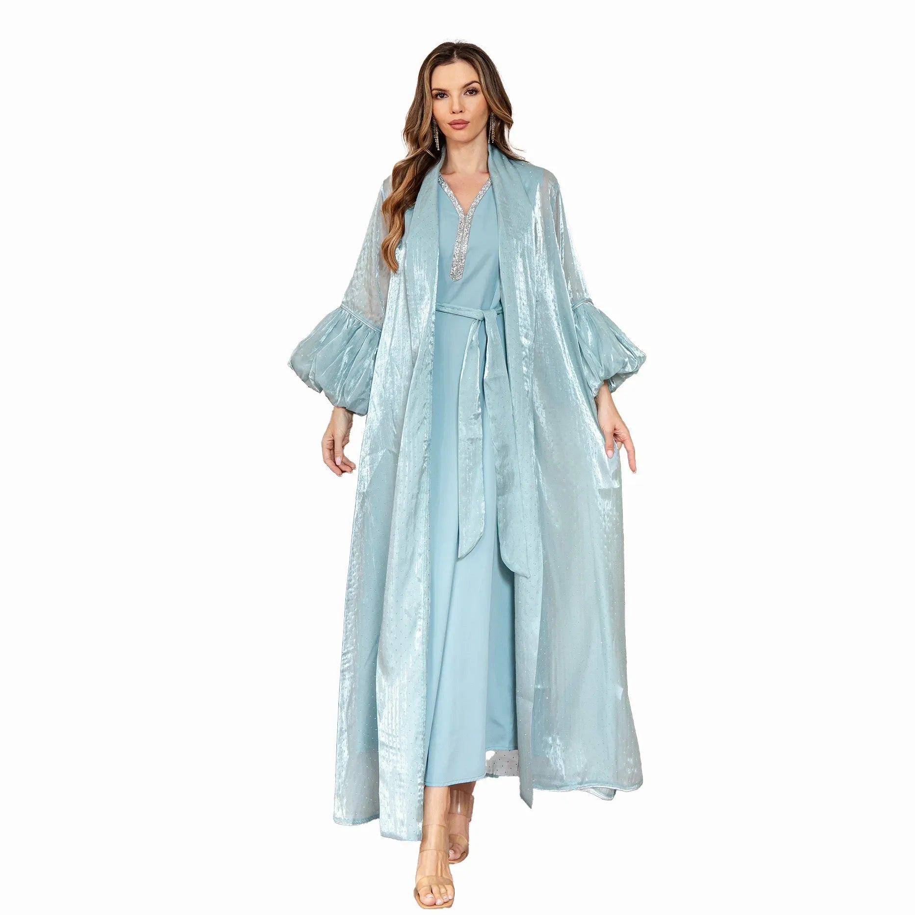 Dubai-inspired two-piece Arabic evening dress in blue with rhinestone detailing and long sleeves