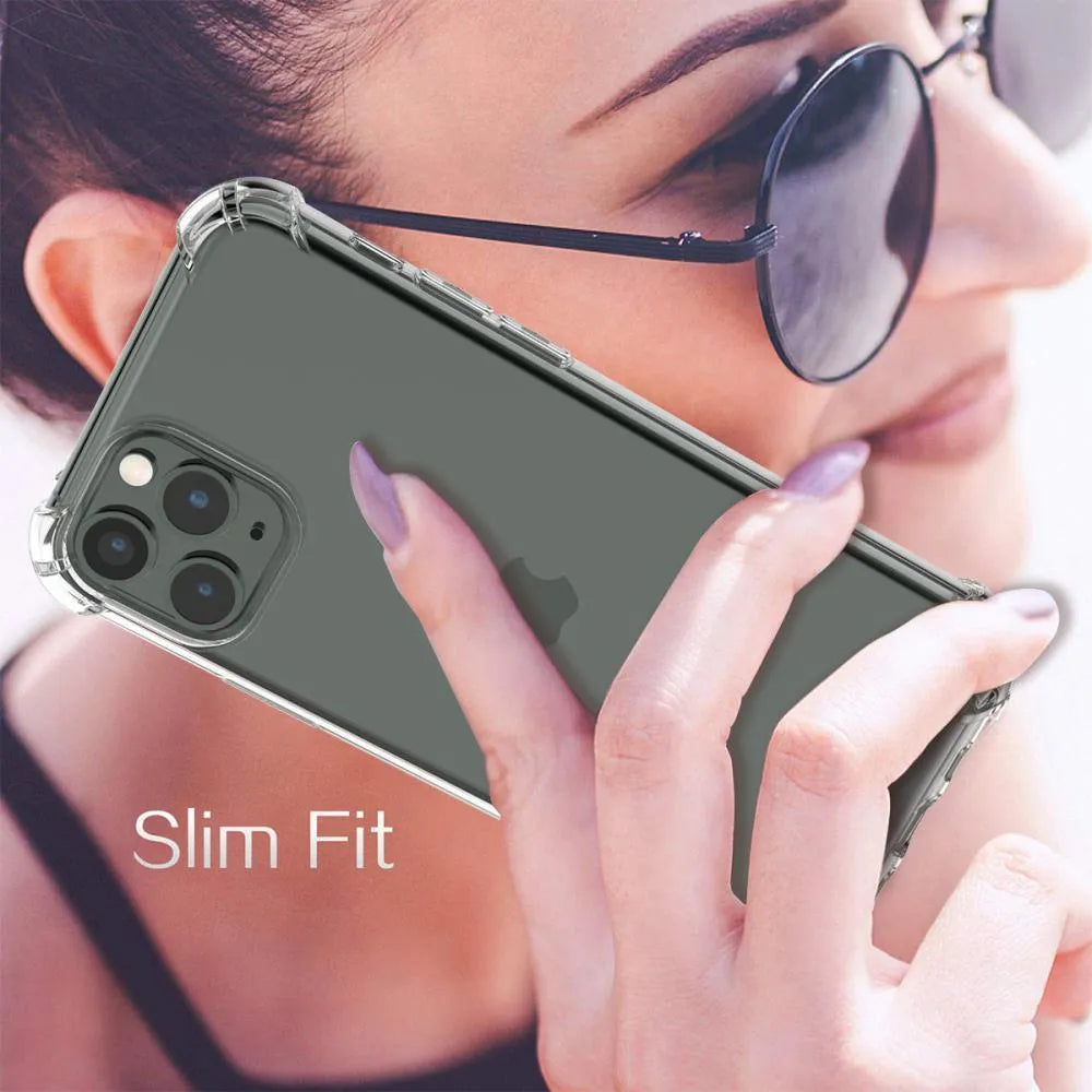 Clear transparent TPU shockproof phone case for Apple iPhone models 6 through 13 Pro Max.