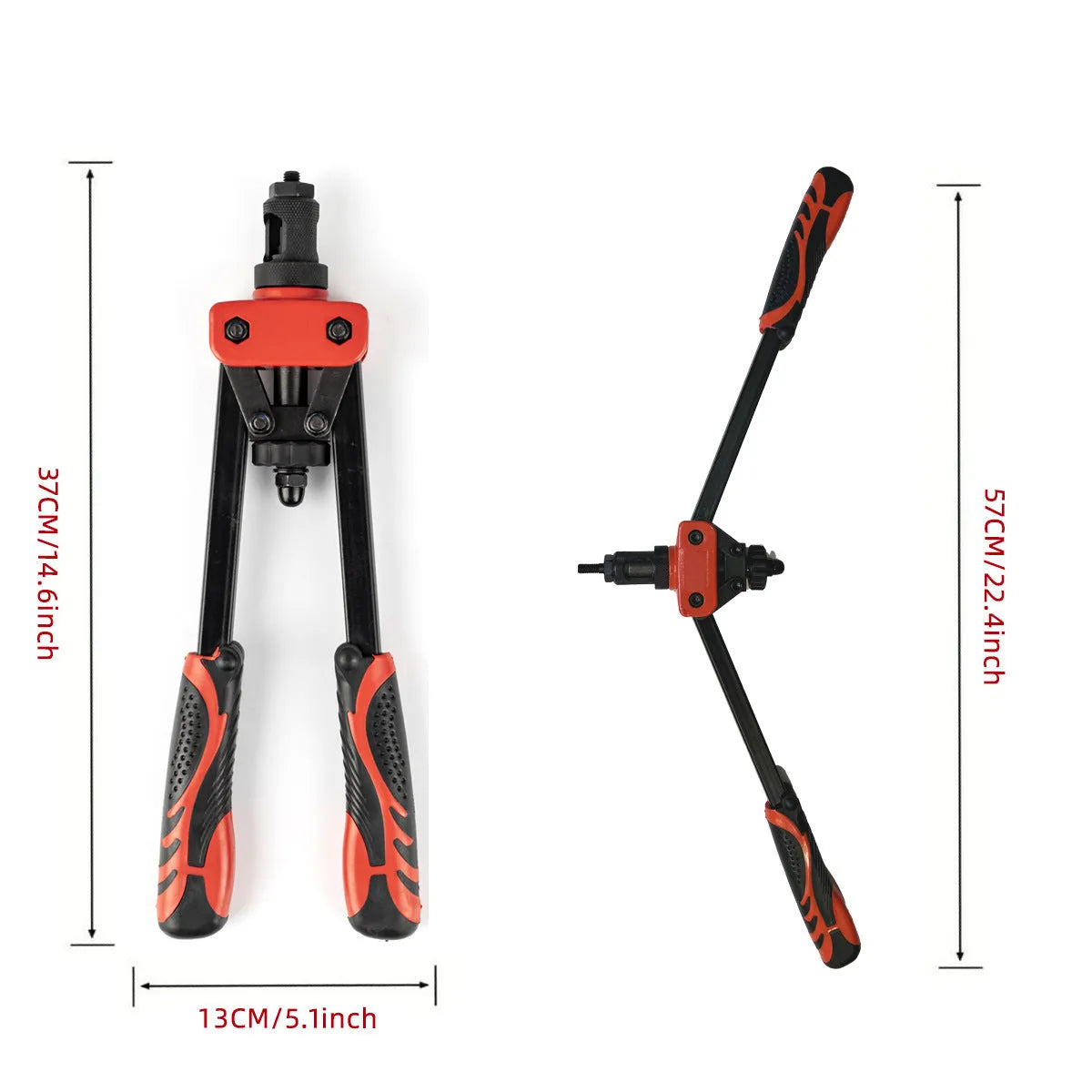 CQ14 14-inch alloy rivet nut pull-setter tool with six M3 M4 M5 M6 M8 M10 tips and 37cm handle.