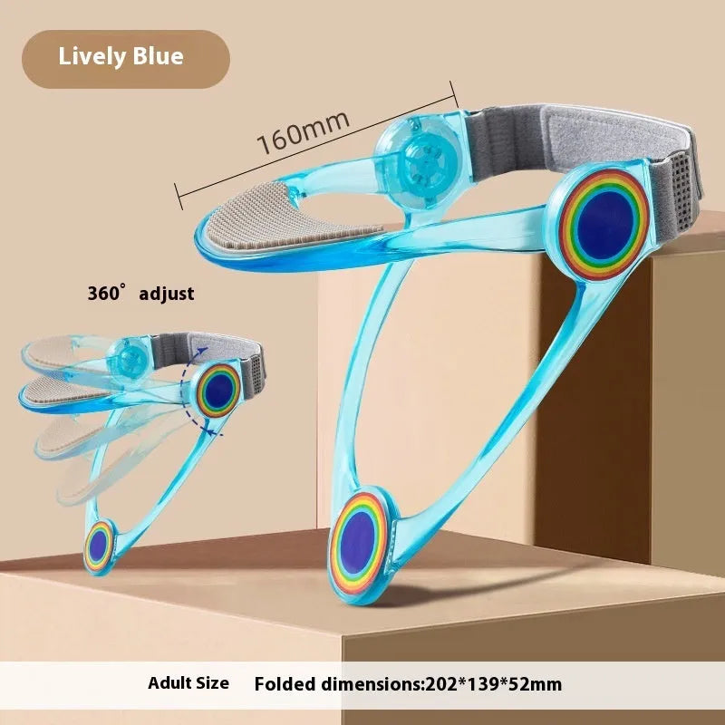 Adjustable cervical spine support neck brace for adults and children in blue, pink, and transparent.