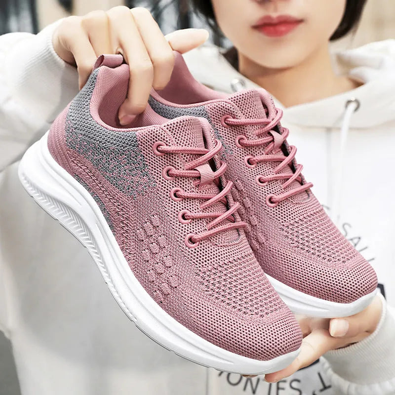 Women's lace-up sneakers in breathable mesh cloth, solid colour, round toe, PVC sole