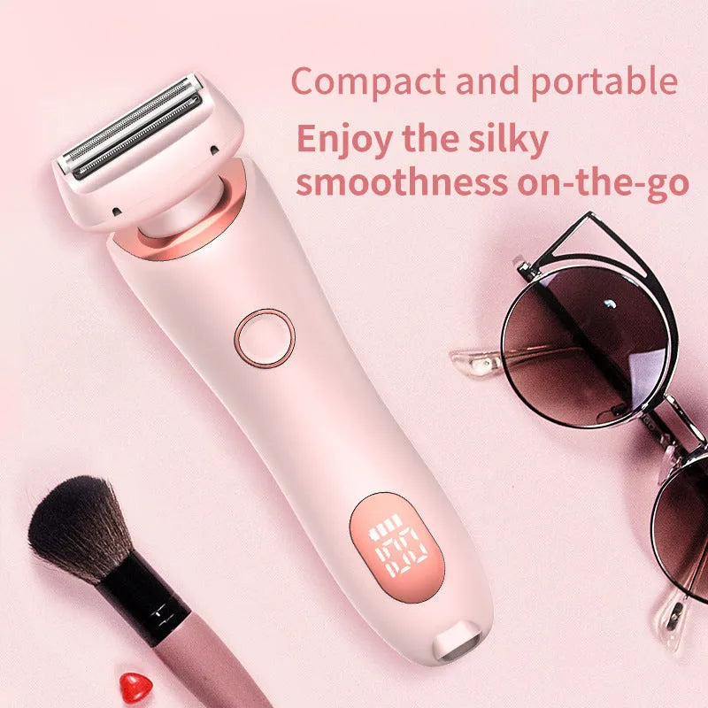 2 in 1 women's electric shaver with two cutting heads, USB rechargeable, IPX7 waterproof, in pink