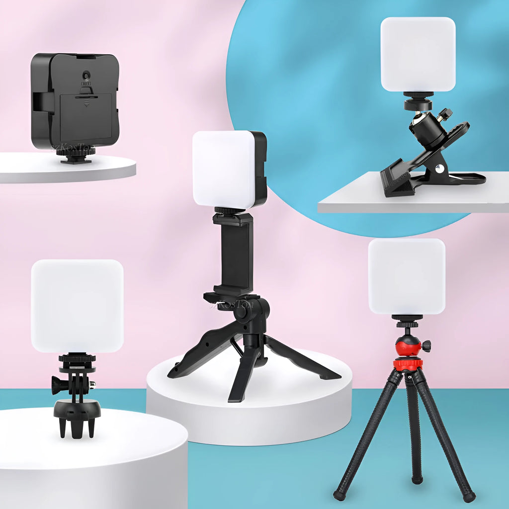 Small square universal camera flash unit with hot shoe mount and rotatable head.