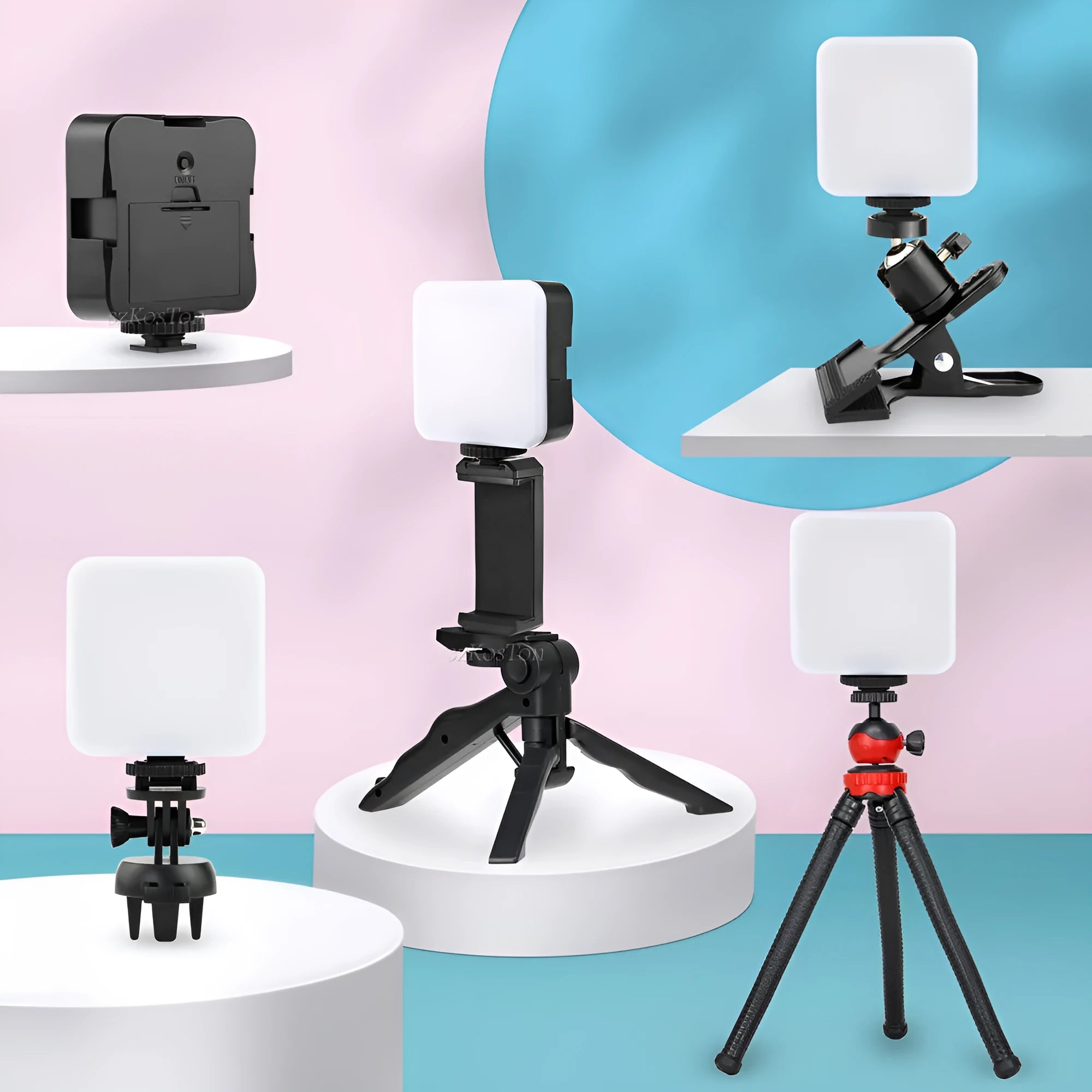Small square universal camera flash unit with hot shoe mount and rotatable head.