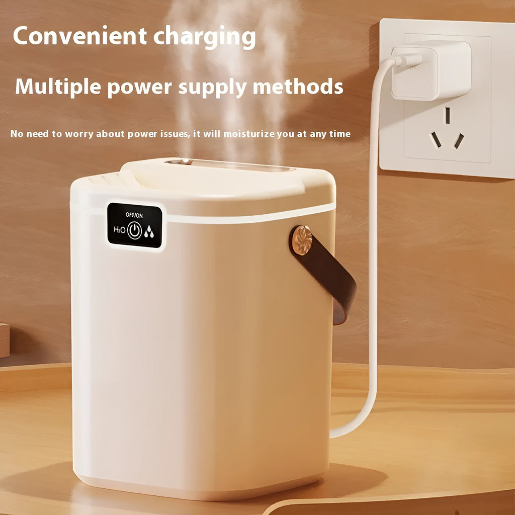 USB humidifier in white with square plastic body, multiple fog outlets, and ambience light