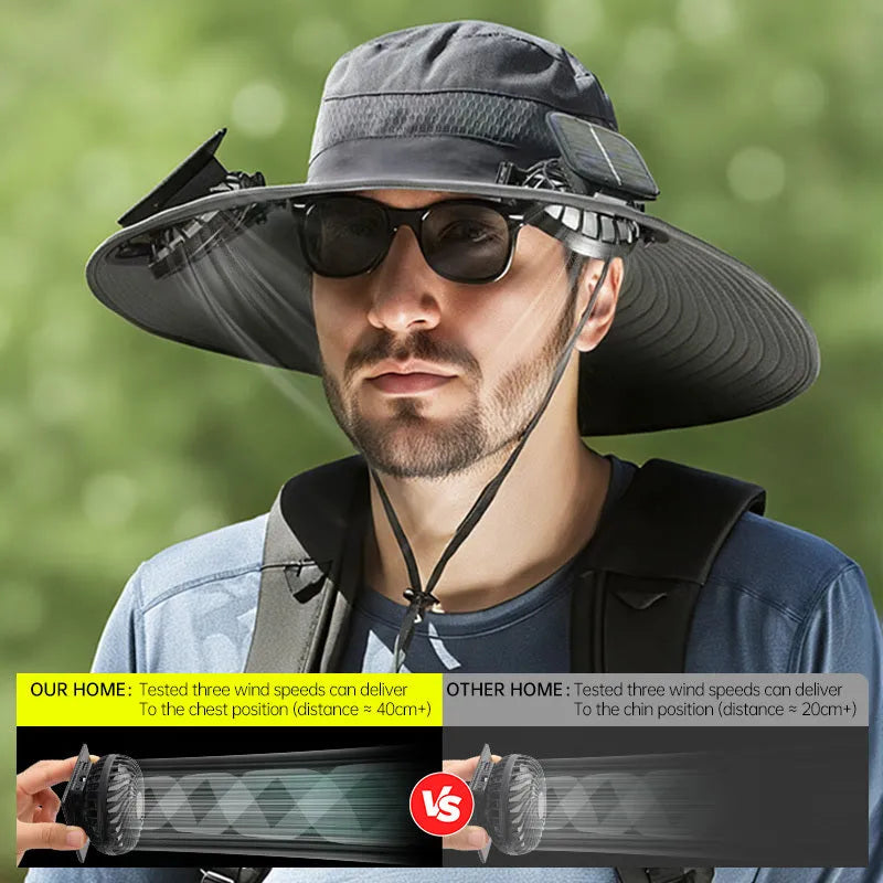 Solar-powered fan hat with adjustable brim and built-in cooling fan for outdoor use