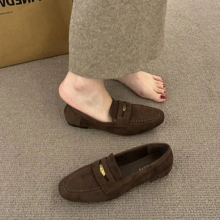 Suede leather shoes with thick bottom flat heel round toe oversleeves design black colour