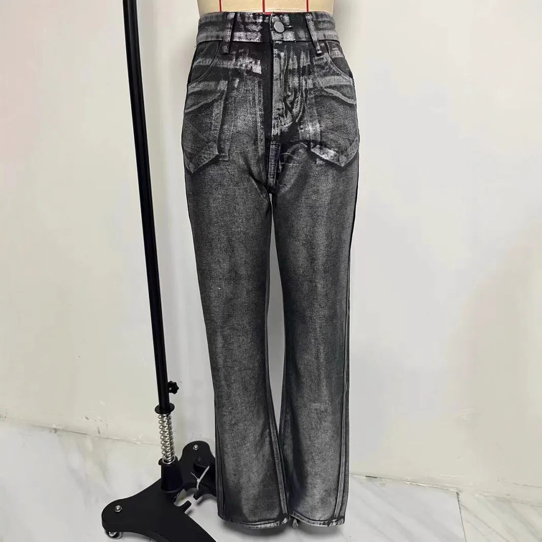 Blue washed high waist straight leg denim jeans with contrast colour street hipster styling