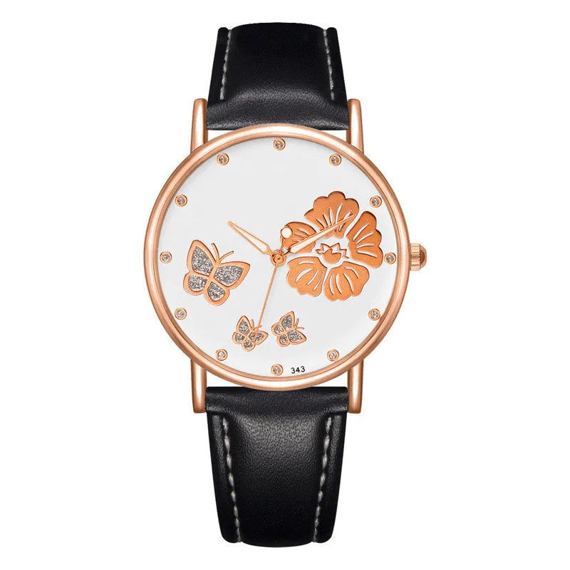 Fashion ladies quartz watch with rhinestone belt, 38mm white dial, luminous hands, and spiral crown, available with black strap