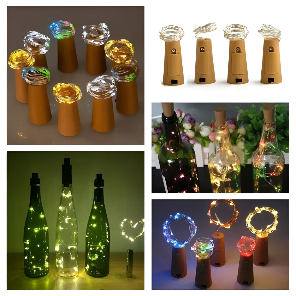 Silver copper wire LED string light with bottle stopper for decorative lighting.