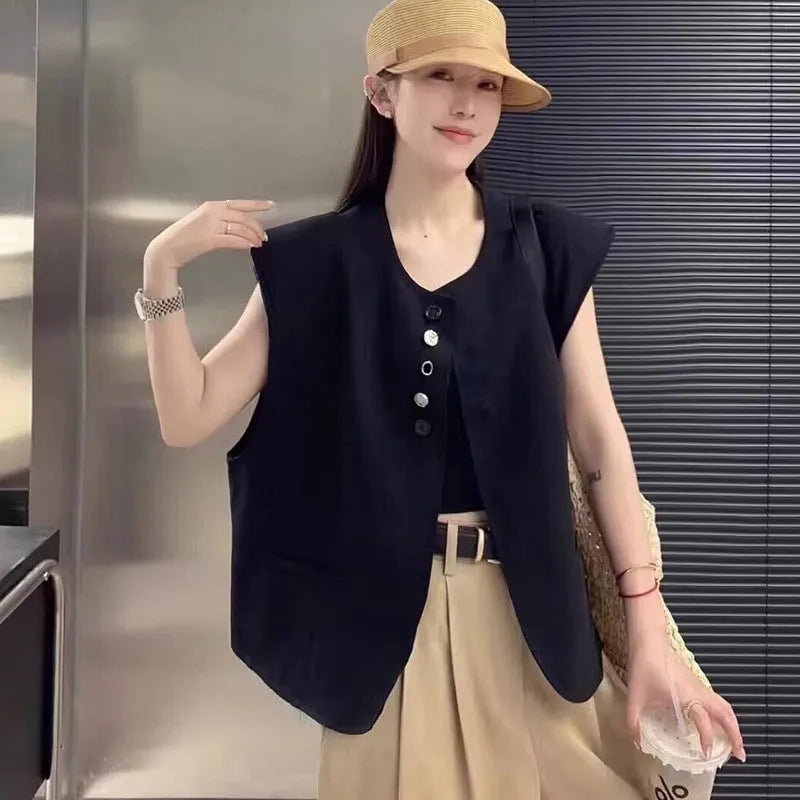 Women's loose fit polyester vest in milky white, showing front view with pockets.