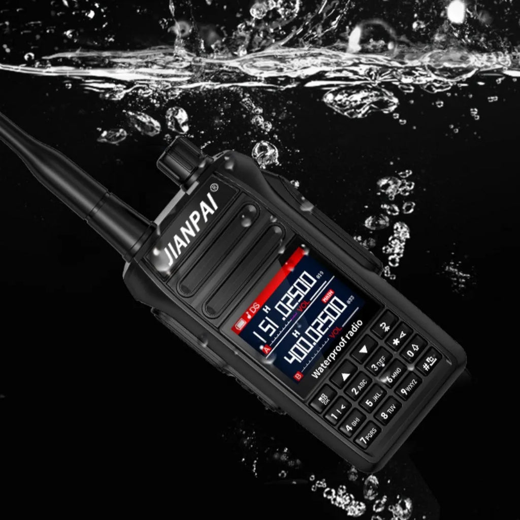 Black Interphone waterproof aviation walkie talkie with antenna, battery, back clip, and seat charger.