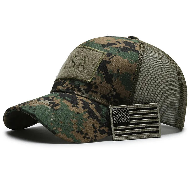 Tactical camouflage baseball cap with adjustable Velcro strap and dome crown in cotton fabric