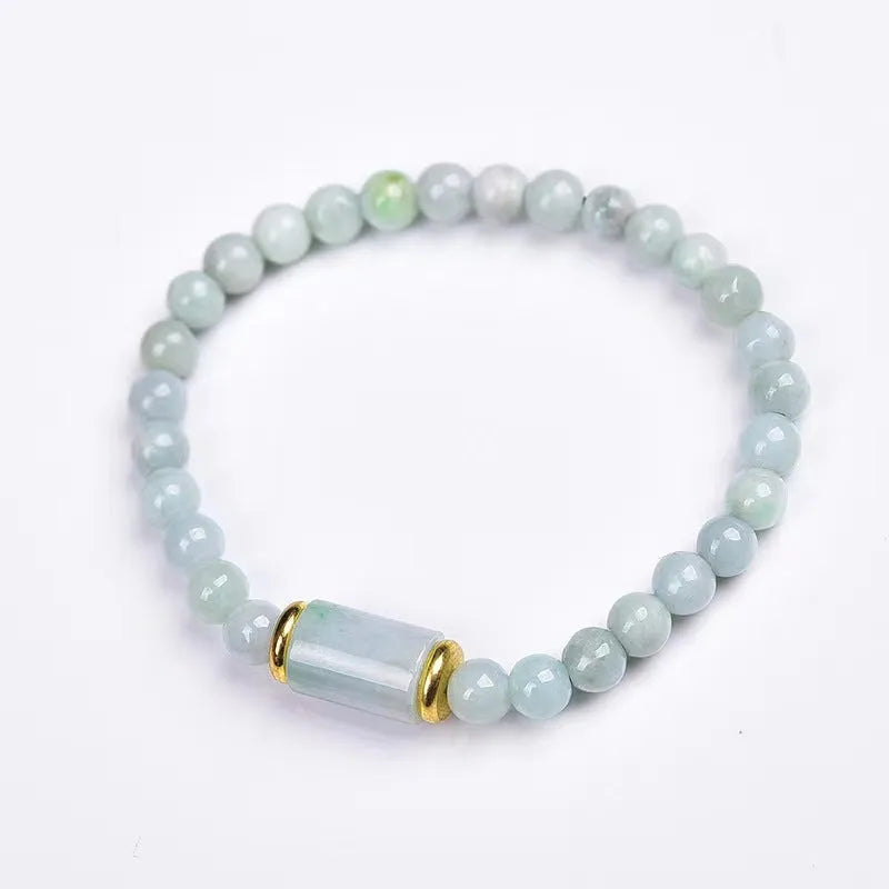 Natural Myanmar jade round bead bracelet with emerald green colour geometric stones