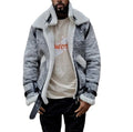 Men's grey padded jacket with large faux fur collar, zip front, and loose fit, sizes S to 5XL
