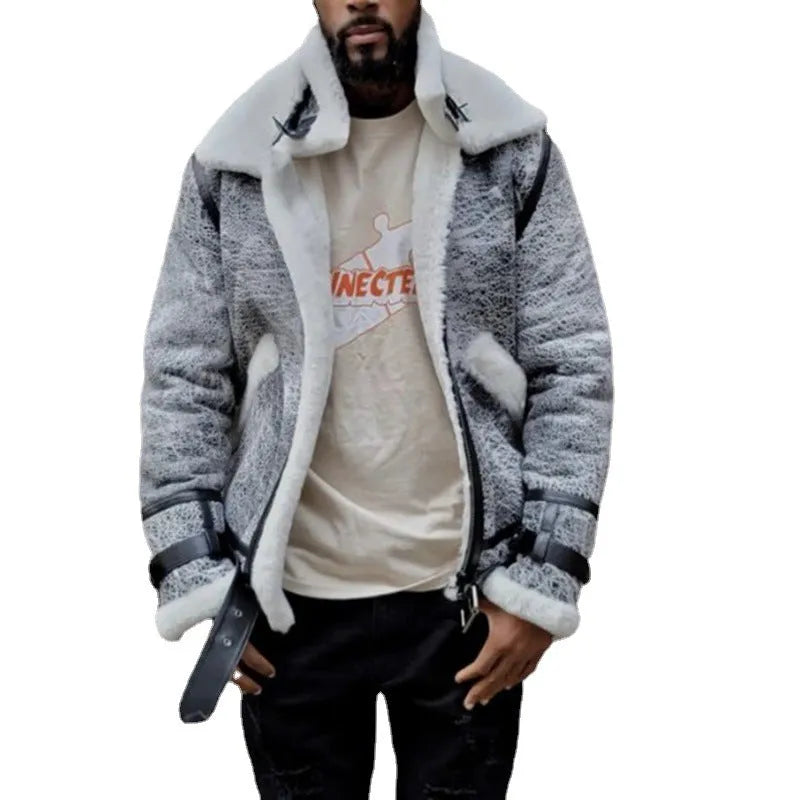 Men's grey padded jacket with large faux fur collar, zip front, and loose fit, sizes S to 5XL