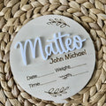 Personalised wooden newborn surname sign with birth information, 15x15cm square plywood nursery decor