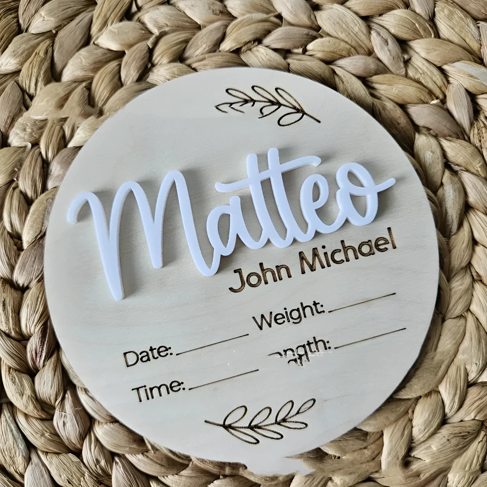 Personalised wooden newborn surname sign with birth information, 15x15cm square plywood nursery decor