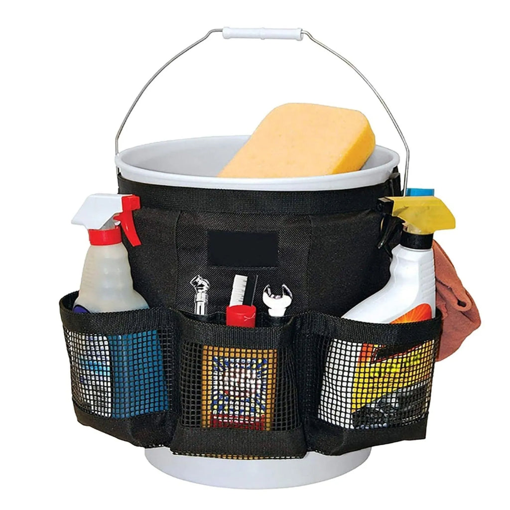 Black cylindrical buggy storage bag hanging from a 5 gallon barrel with car washing tools inside