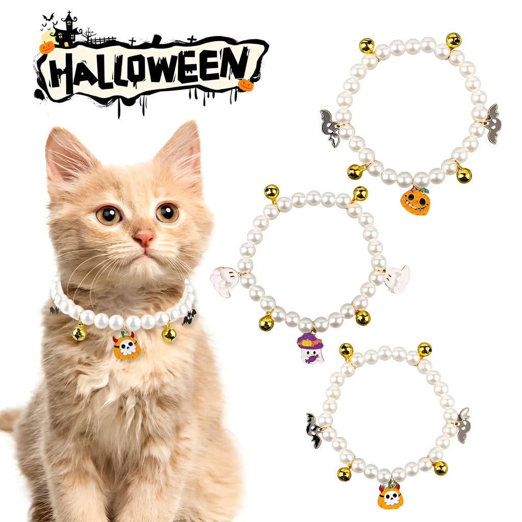 Simulated pearl necklace pet collar decoration with a pumpkin charm for Halloween.