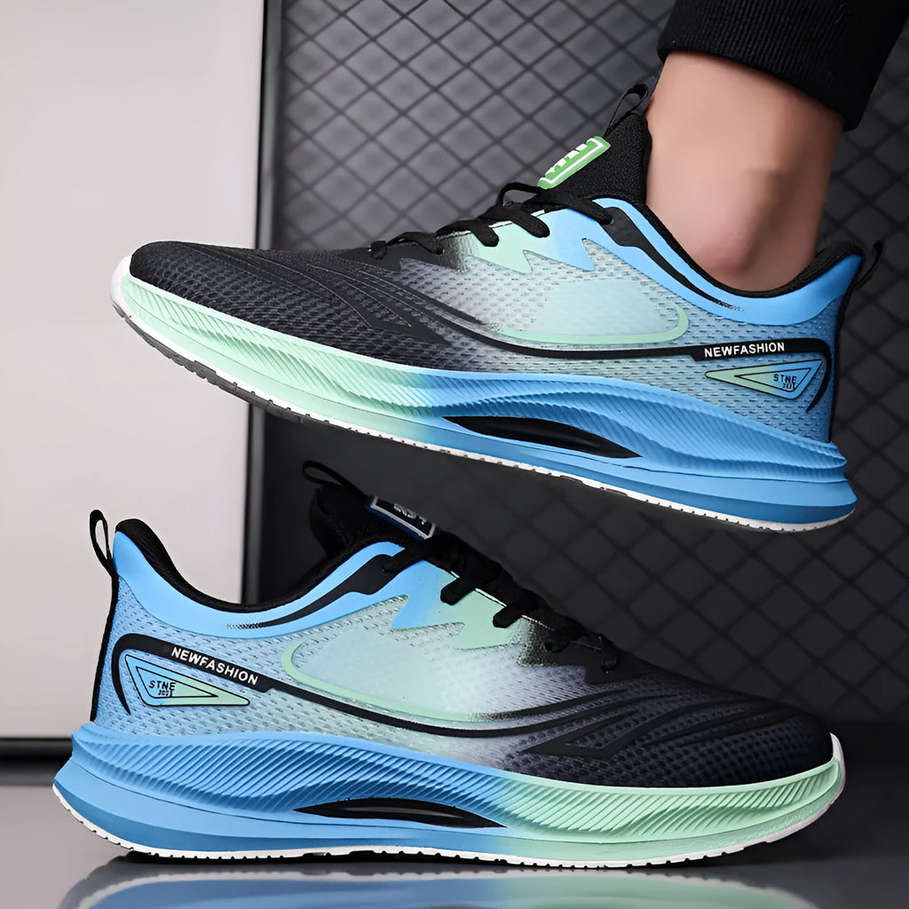 Men's low-top casual trainers in blue with a breathable mesh upper and rubber sole.