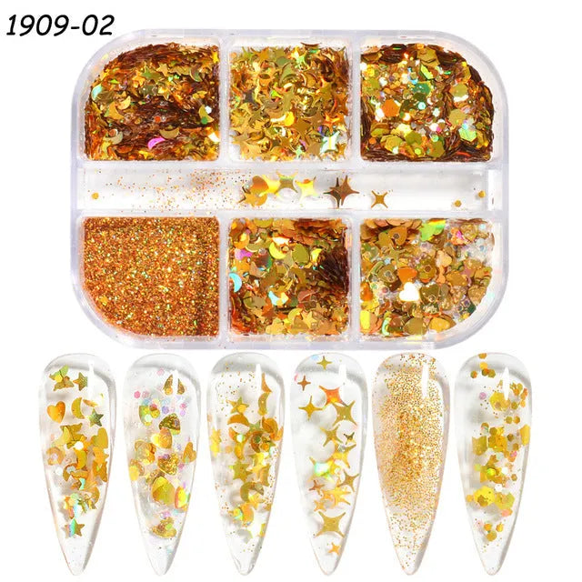 Gold and silver laser irregular nail glitter sequins in a six-grid box with 8g net content for nail art