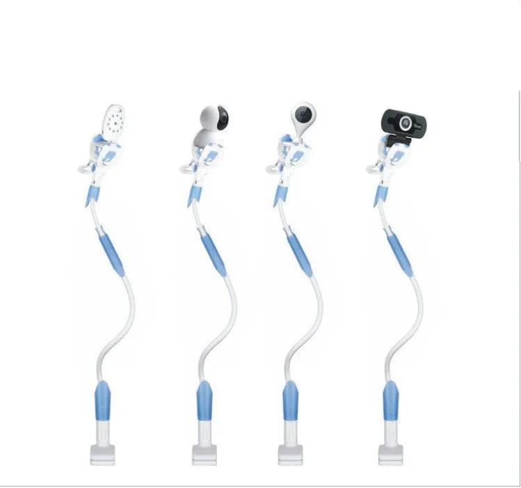 White no-drill baby camera bracket with flexible arm and anti-slip clamp attached to a desk