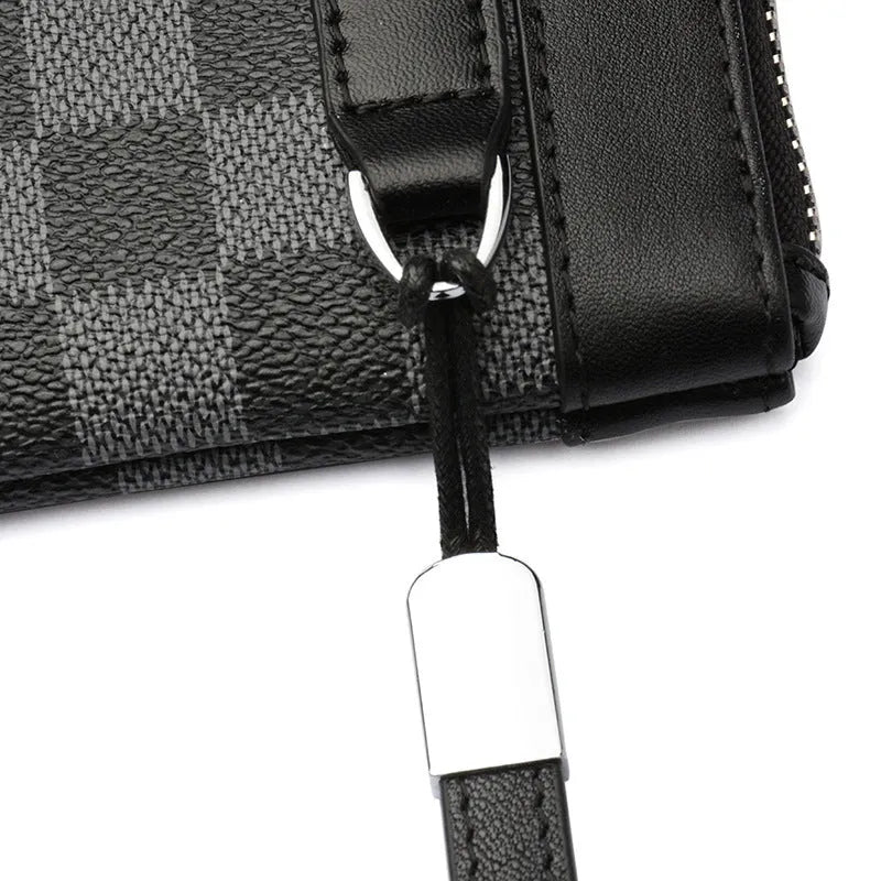 Men's black genuine leather clutch wallet showing front pocket profile and interior polyester lining